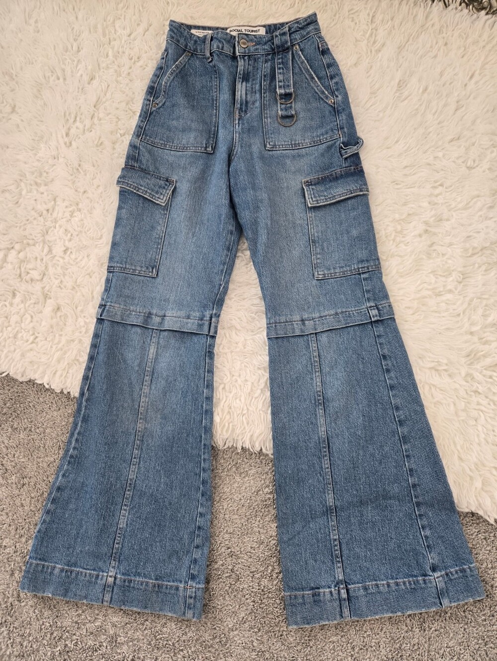 Social Tourist High Rise Flare Cargo Jeans. Size 25.